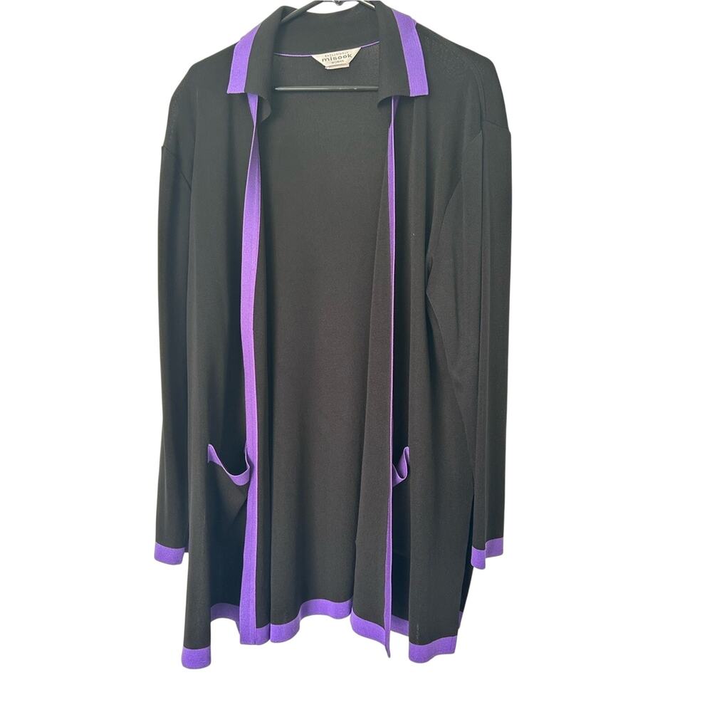 Misook Women’s Black Cardigan with Purple Trim Pockets Size 1X